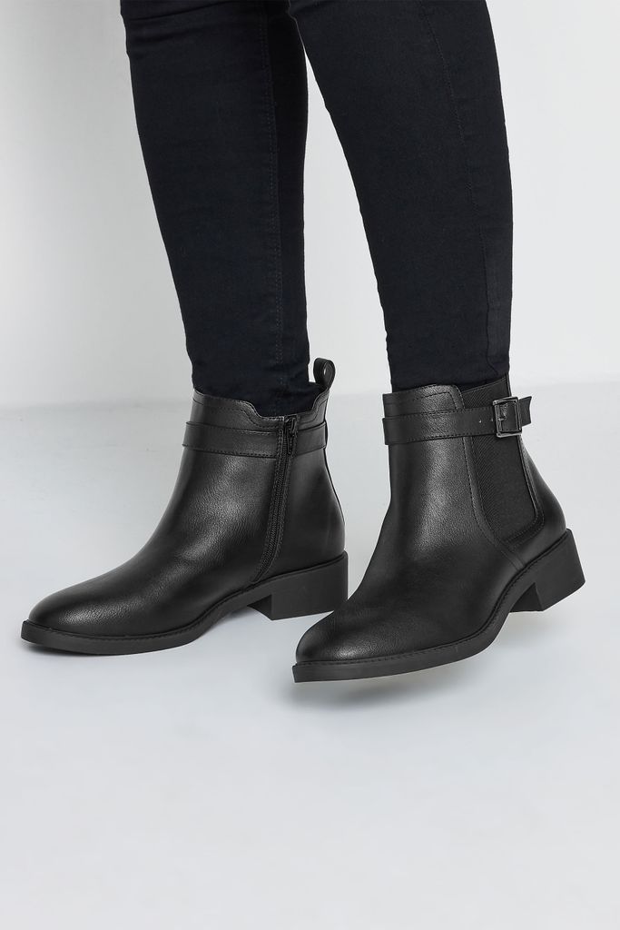 Black Buckle Faux Leather Ankle Boots In Wide E Fit & Extra Wide eee Fit
