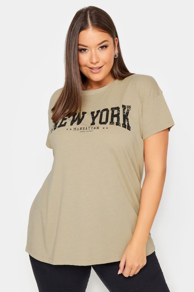 Curve Beige Brown 'New York' Slogan Tshirt, Women's Curve & Plus Size, Yours