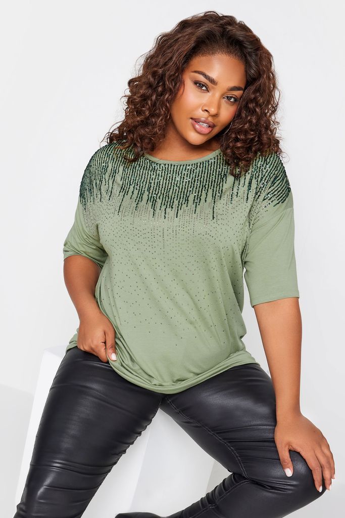 Curve Sage Green Sequin Embellished Tshirt, Women's Curve & Plus Size, Yours