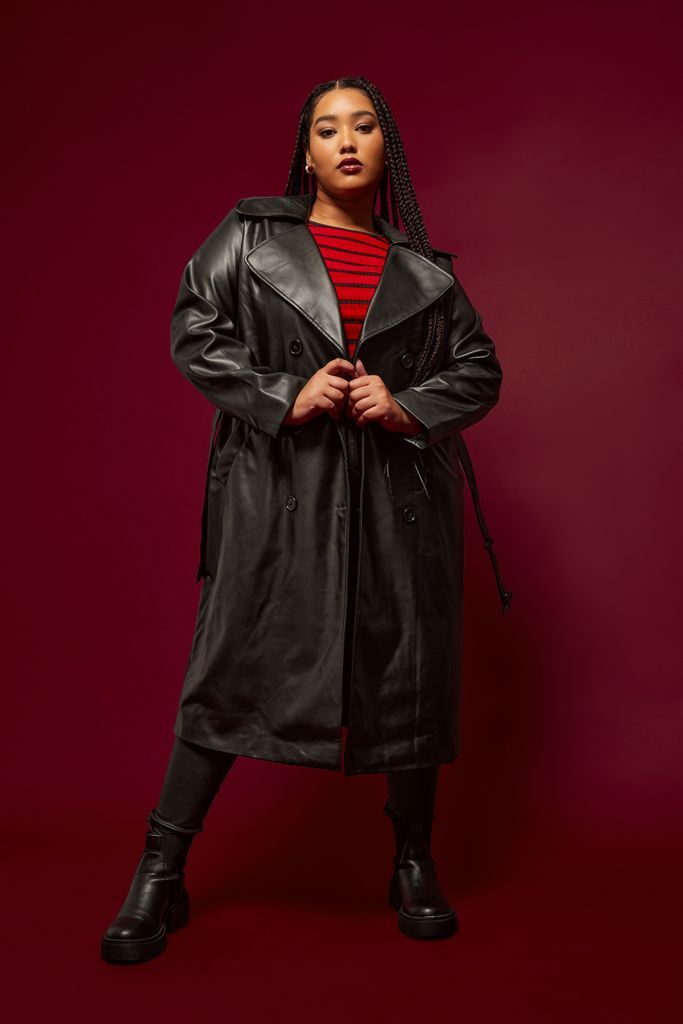 Curve Black Faux Leather Trench Coat, Women's Curve & Plus Size, Yours
