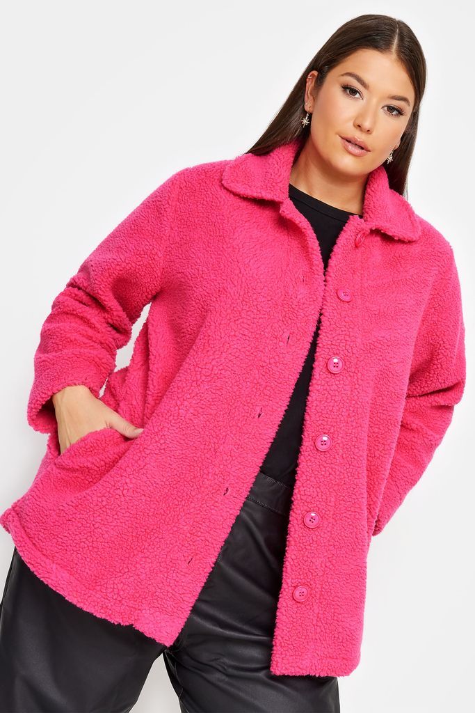 Curve Hot Pink Teddy Fleece Jacket, Women's Curve & Plus Size, Yours