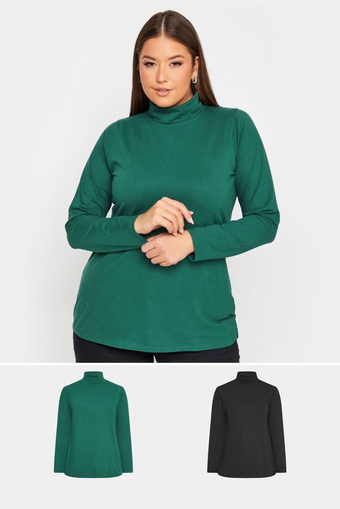 Curve 2 Pack Black & Forest Green Long Sleeve Turtle Neck Tops, Women's Curve & Plus Size, Yours