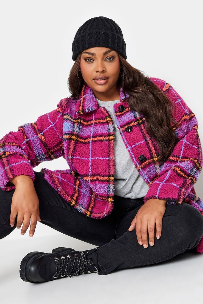 Curve Pink Check Print Button Through Fleece, Women's Curve & Plus Size, Yours