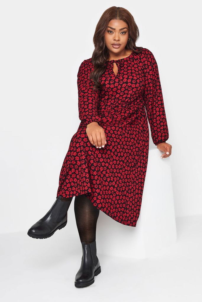 Curve Red Floral Print Textured Midaxi Dress, Women's Curve & Plus Size, Yours