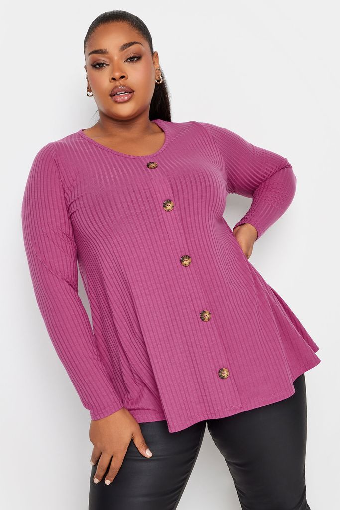 Curve Pink Ribbed Button Up Long Sleeve Top, Women's Curve & Plus Size, Limited Collection