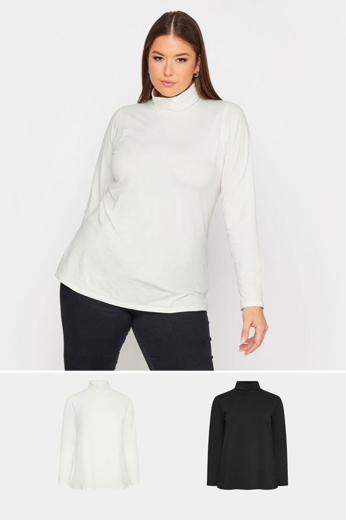 Curve 2 Pack Black & White Long Sleeve Turtle Neck Tops, Women's Curve & Plus Size, Yours