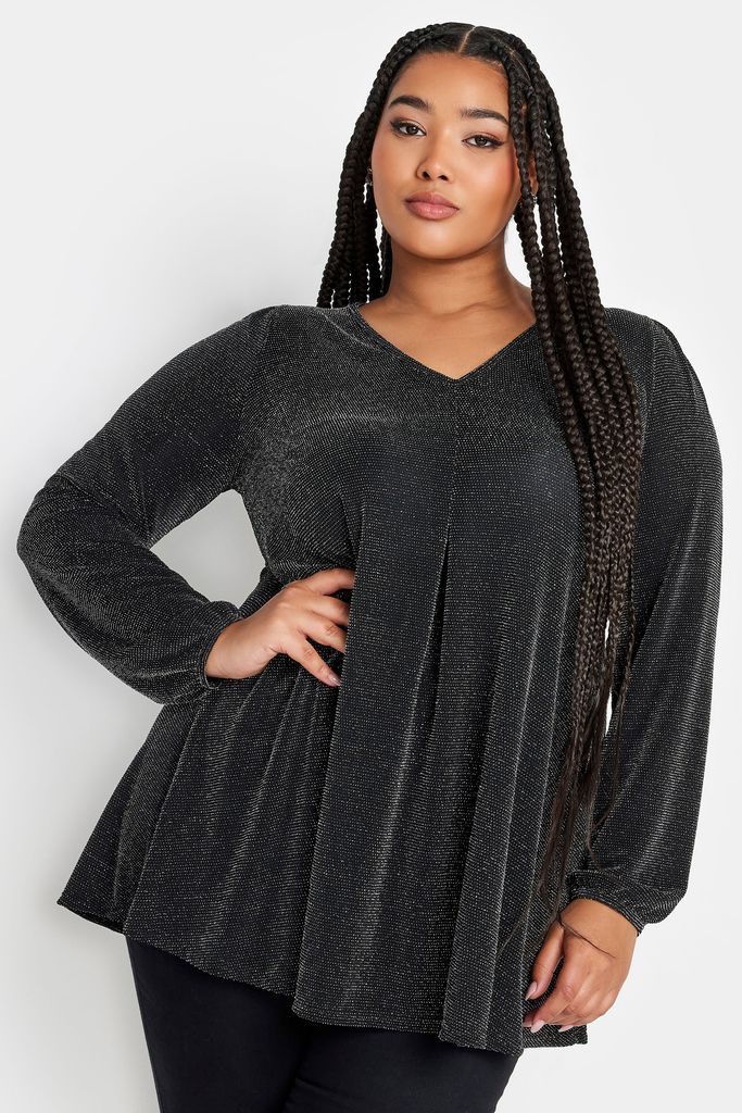Curve Black & Silver Balloon Sleeve Top, Women's Curve & Plus Size, Yours