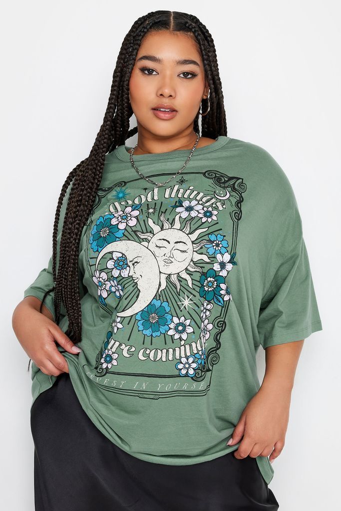 Curve Green 'Good Things Are Coming' Slogan Oversized Boxy Tshirt, Women's Curve & Plus Size, Yours