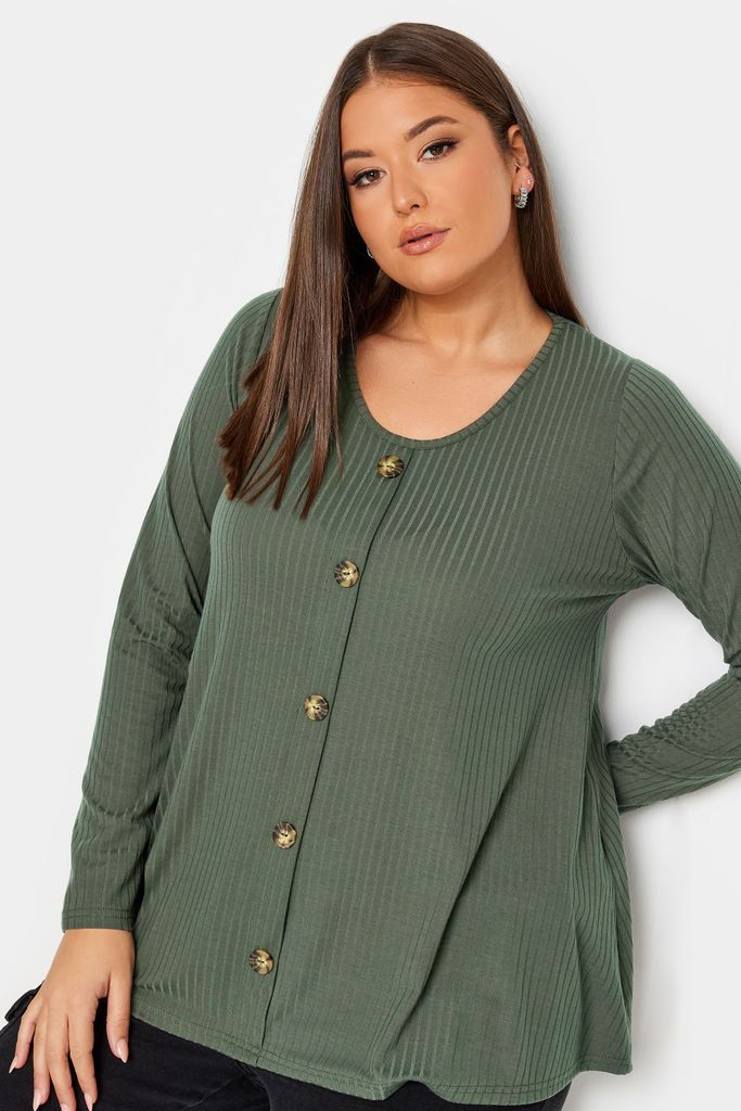 Curve Khaki Green Ribbed Button Front Top, Women's Curve & Plus Size, Limited Collection