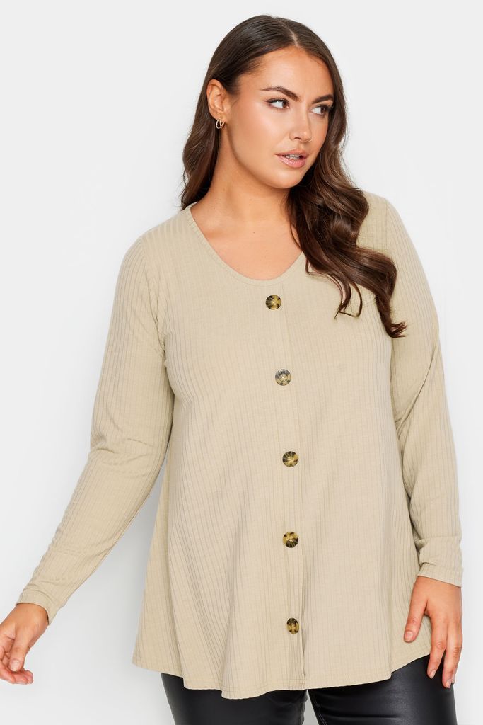 Limited Collection Curve Stone Brown Ribbed Button Front Top, Women's Curve & Plus Size, Yours