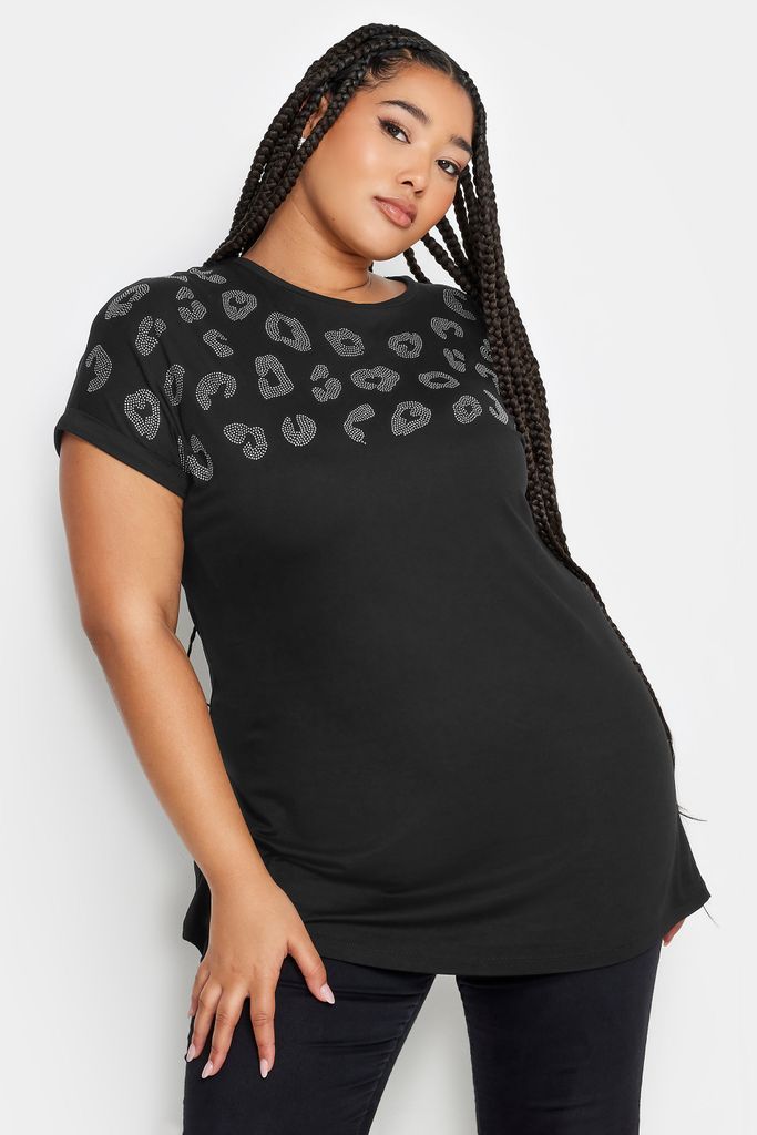 Curve Black Leopard Print Stud Tshirt, Women's Curve & Plus Size, Yours