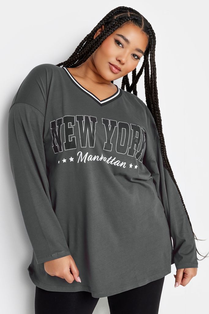 Curve Grey 'New York' Varsity Oversized Tshirt, Women's Curve & Plus Size, Yours