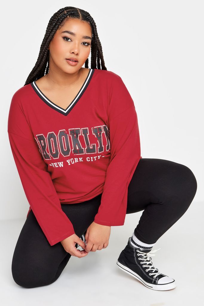 Curve Red 'Brooklyn' Varsity Oversized Tshirt, Women's Curve & Plus Size, Yours
