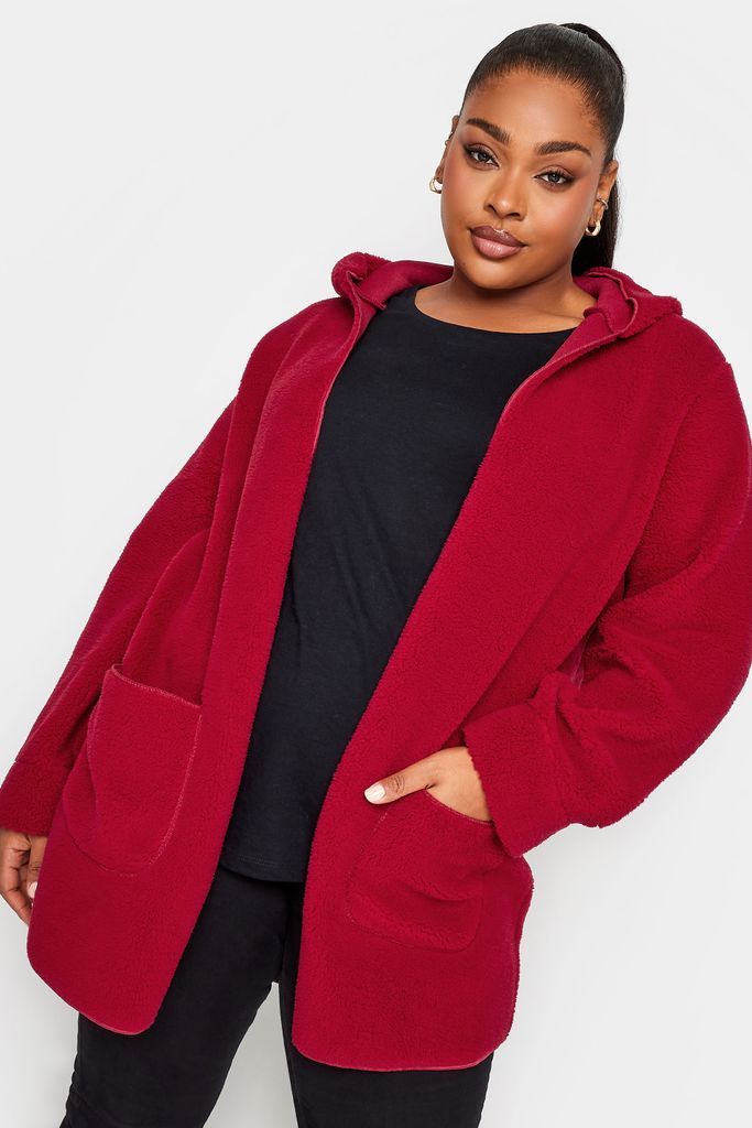 Curve Red Teddy Hooded Jacket, Women's Curve & Plus Size, Yours