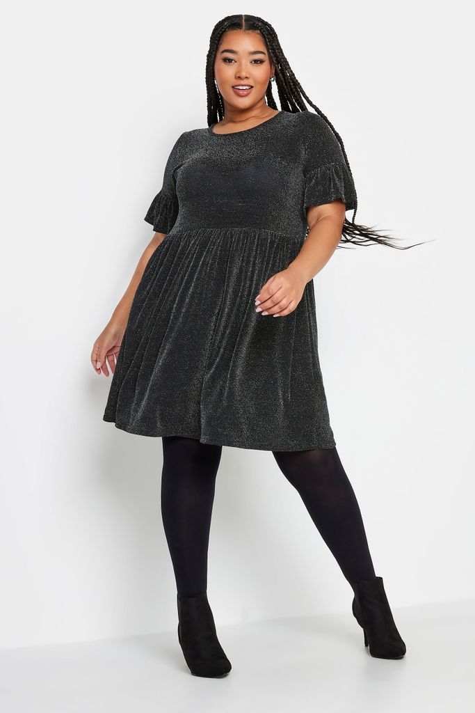 Curve Black & Silver Glitter Frill Sleeve Tunic Dress, Women's Curve & Plus Size, Yours