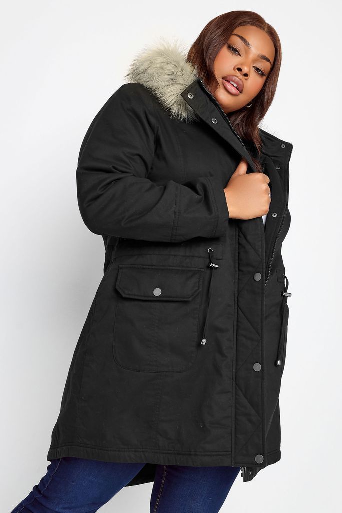 Curve Black Faux Fur Hood Parka Coat, Women's Curve & Plus Size, Yours