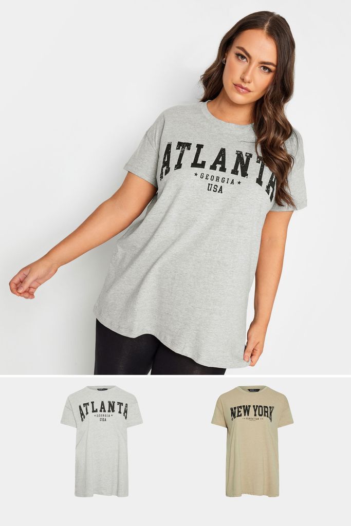 2 Pack Curve Beige Brown & Grey 'Atlanta' Slogan Tshirt, Women's Curve & Plus Size, Yours