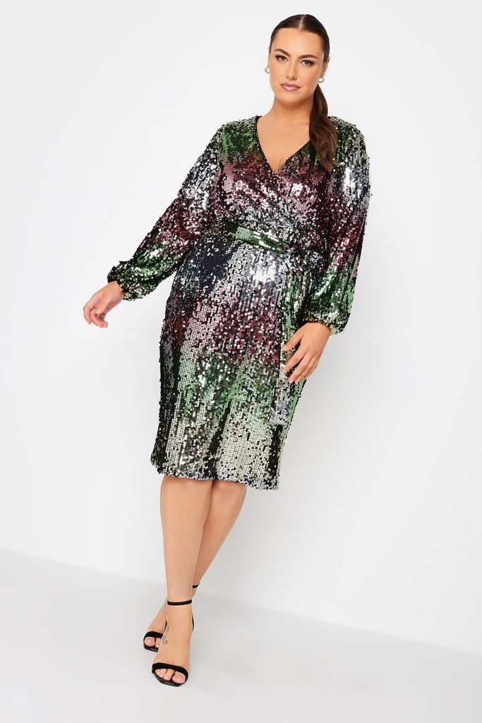 Curve Purple & Green Ombre Sequin Wrap Dress, Women's Curve & Plus Size, Yours London