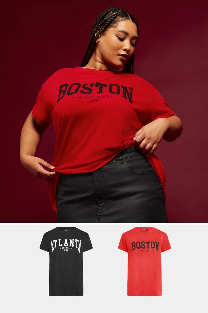 Curve 2 Pack Black & Red 'Atlanta' & 'Boston' Slogan Tshirts, Women's Curve & Plus Size, Yours