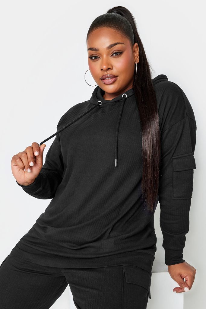 Curve Black Ribbed Cargo Hoodie, Women's Curve & Plus Size, Yours