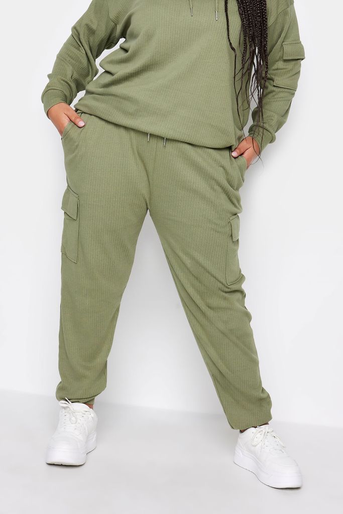 Curve Khaki Green Ribbed Cargo Joggers, Women's Curve & Plus Size, Yours