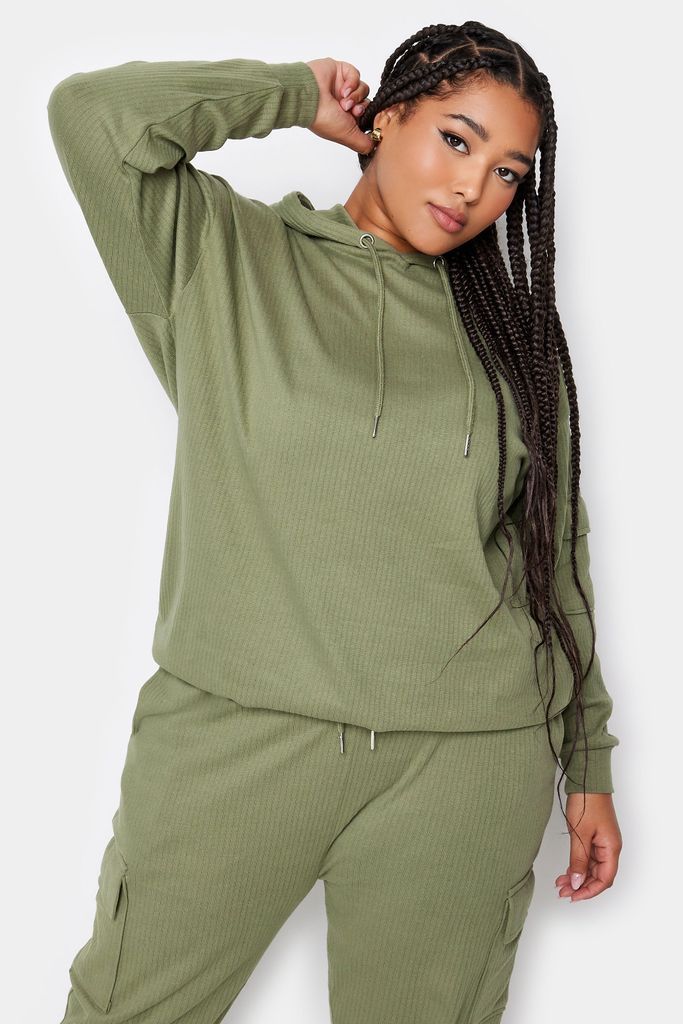 Curve Khaki Green Ribbed Cargo Hoodie, Women's Curve & Plus Size, Yours