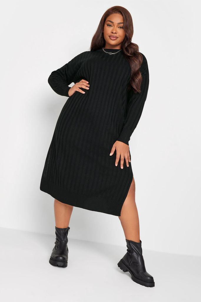 Curve Black Ribbed Midi Knitted Jumper Dress, Women's Curve & Plus Size, Yours
