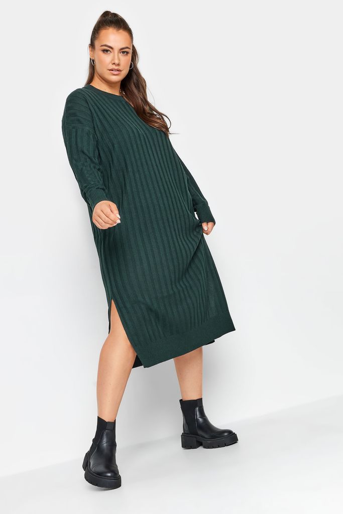 Curve Green Ribbed Midi Knitted Jumper Dress, Women's Curve & Plus Size, Yours