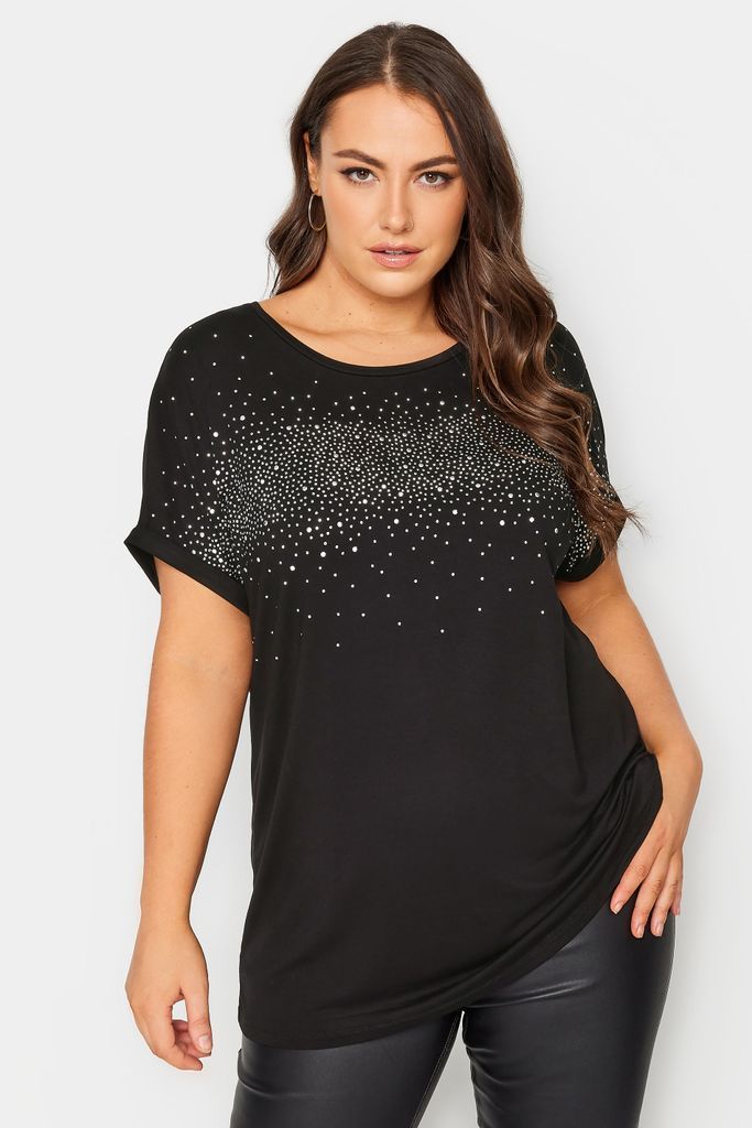 Curve Black Diamante Detail Tshirt, Women's Curve & Plus Size, Yours