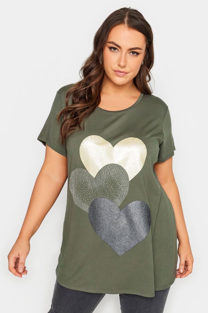 Curve Khaki Green Glitter Heart Print Tshirt, Women's Curve & Plus Size, Yours