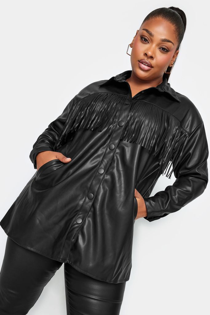 Curve Black Faux Leather Fringe Jacket, Women's Curve & Plus Size, Yours