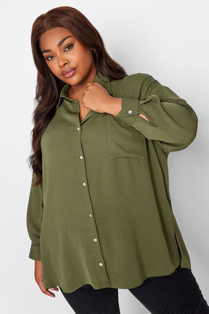 Curve Khaki Green Cuffed Sleeve Shirt, Women's Curve & Plus Size, Yours