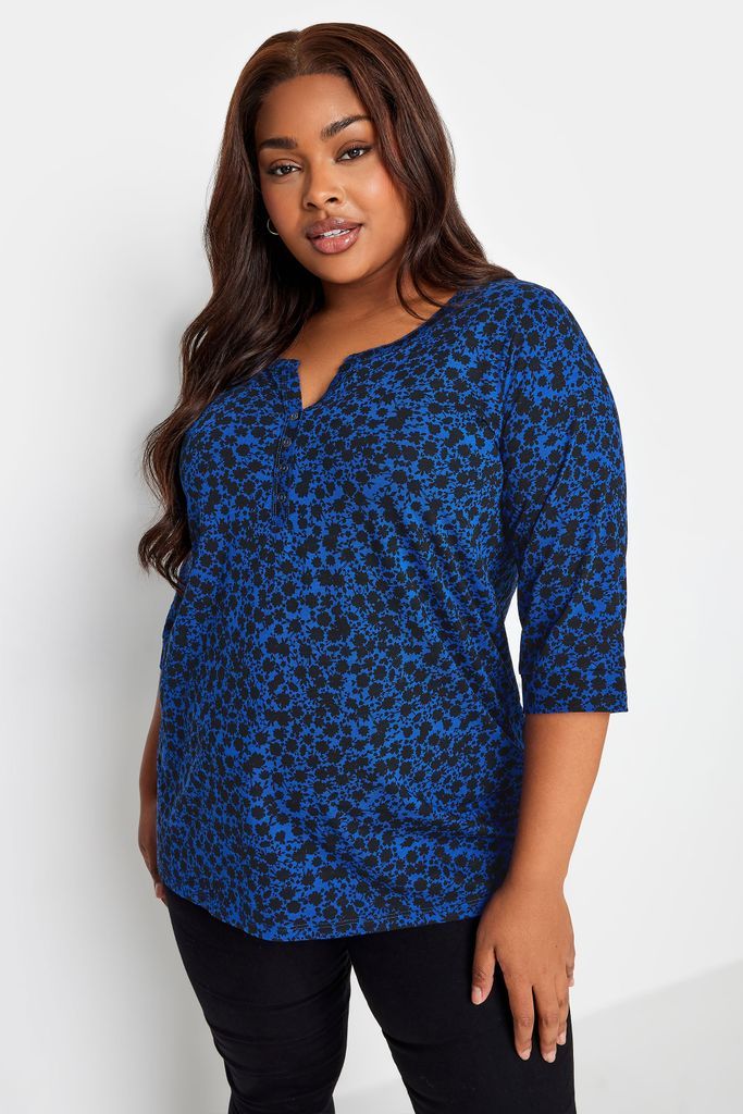Curve Blue Ditsy Floral Pintuck Henley Tshirt, Women's Curve & Plus Size, Yours