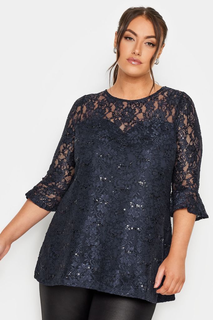 Curve Dark Blue Lace Sequin Embellished Swing Top, Women's Curve & Plus Size, Yours