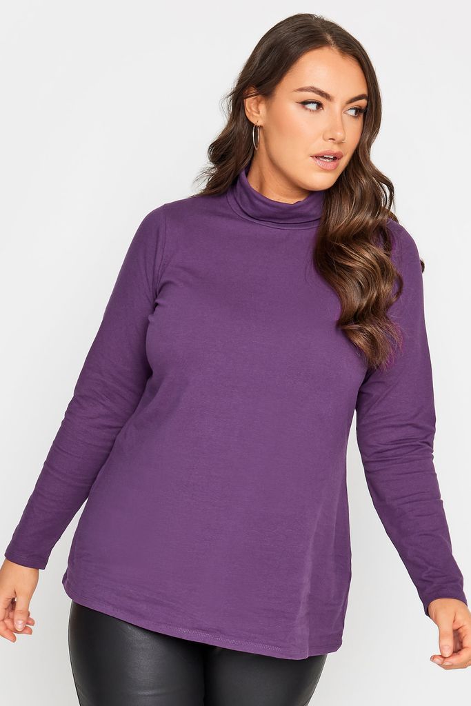 Curve Purple Long Sleeve Turtle Neck Top, Women's Curve & Plus Size, Yours