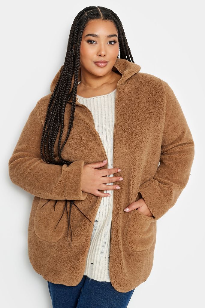 Curve Brown Teddy Hooded Jacket, Women's Curve & Plus Size, Yours