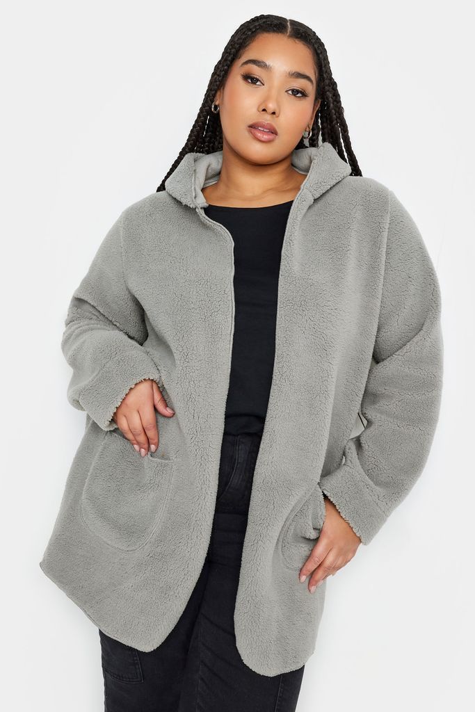 Curve Grey Teddy Hooded Jacket, Women's Curve & Plus Size, Yours