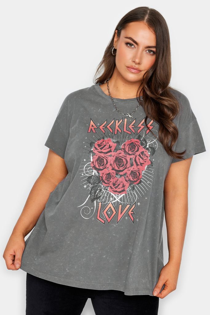 Curve Black 'Reckless Love' Slogan Tshirt, Women's Curve & Plus Size, Yours
