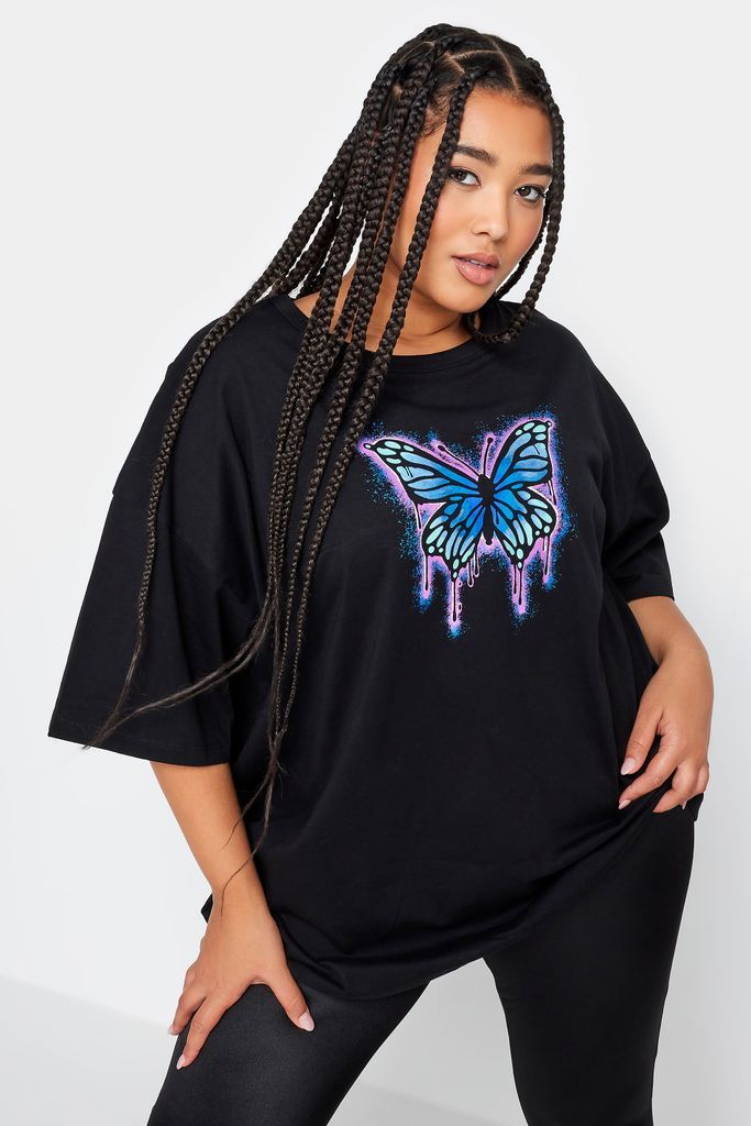 Curve Black Butterfly Print Boxy Tshirt, Women's Curve & Plus Size, Yours