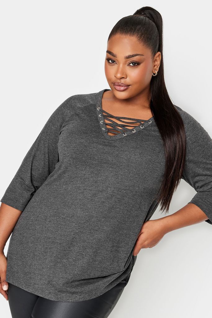 Curve Grey Lace Up Eyelet Top, Women's Curve & Plus Size, Yours
