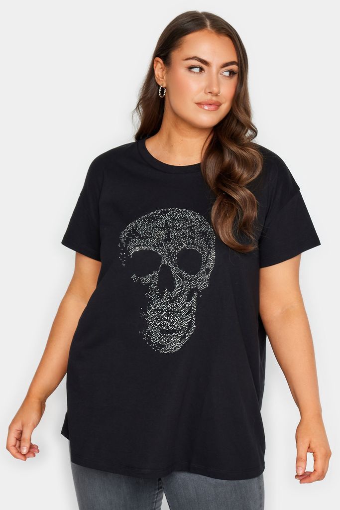 Curve Black Skull Print Stud Design Tshirt, Women's Curve & Plus Size, Yours