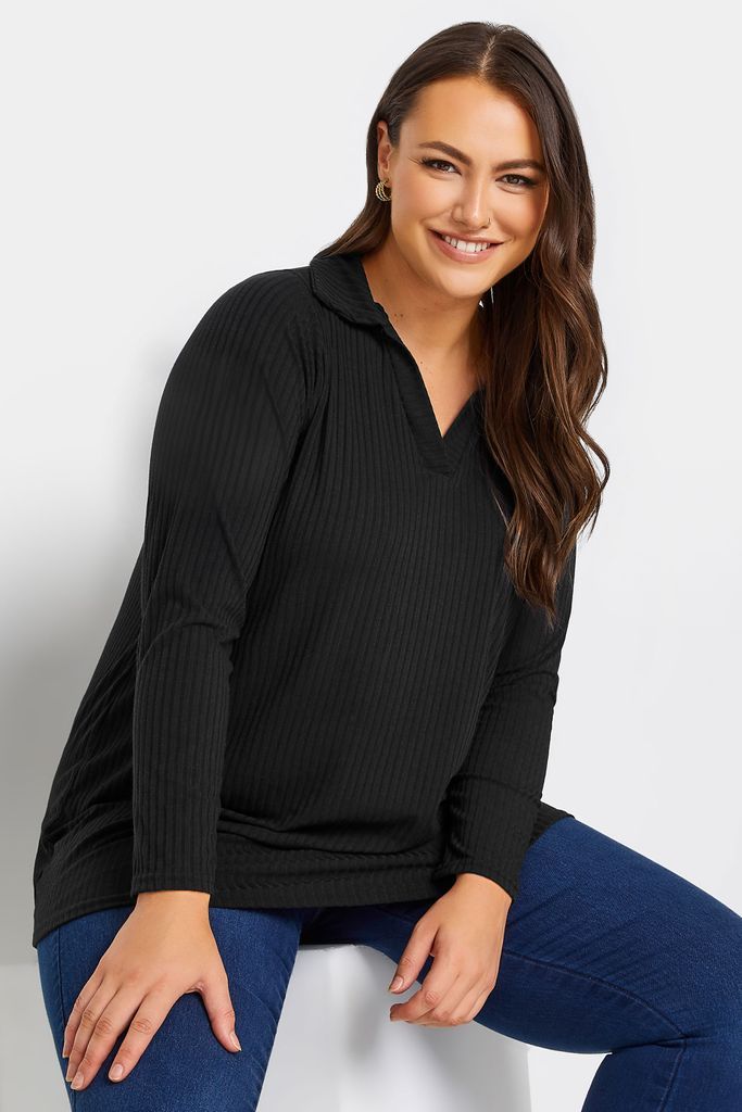Curve Black Long Sleeve Ribbed Collar Top, Women's Curve & Plus Size, Yours