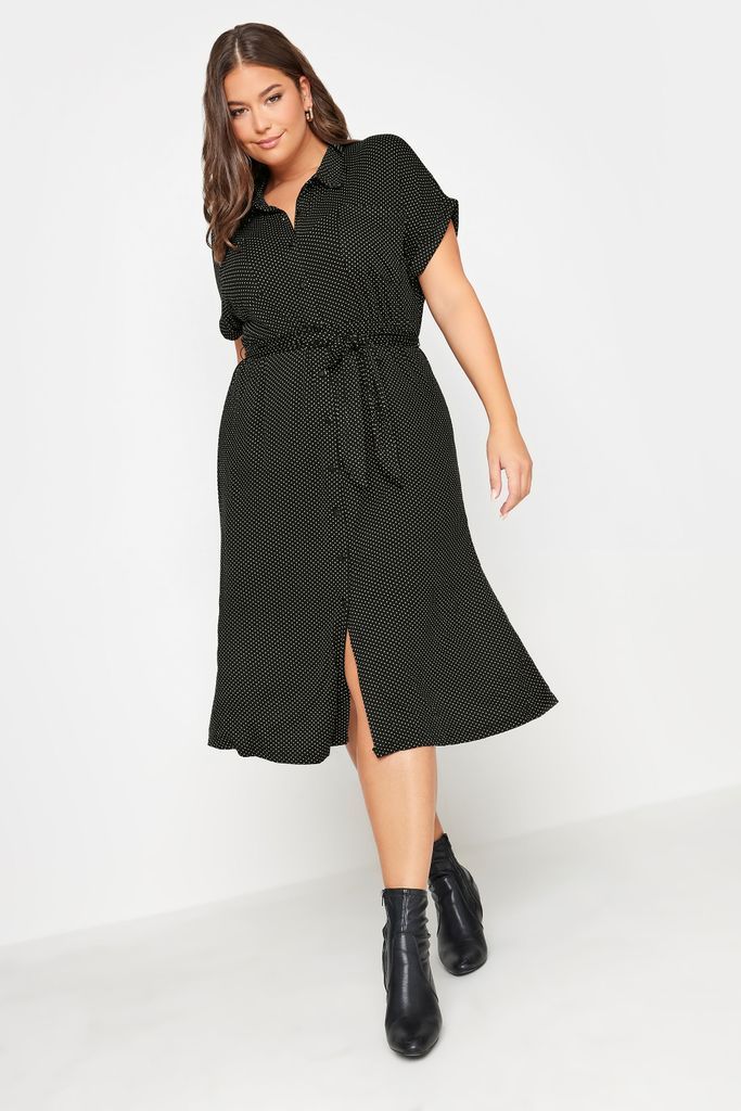 Curve Black Polka Dot Print Spilt Hem Midaxi Shirt Dress, Women's Curve & Plus Size, Yours
