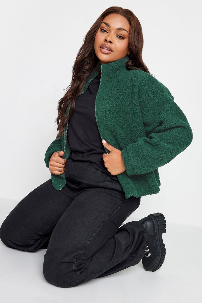 Curve Forest Green Cropped Zip Through Teddy Fleece, Women's Curve & Plus Size, Yours