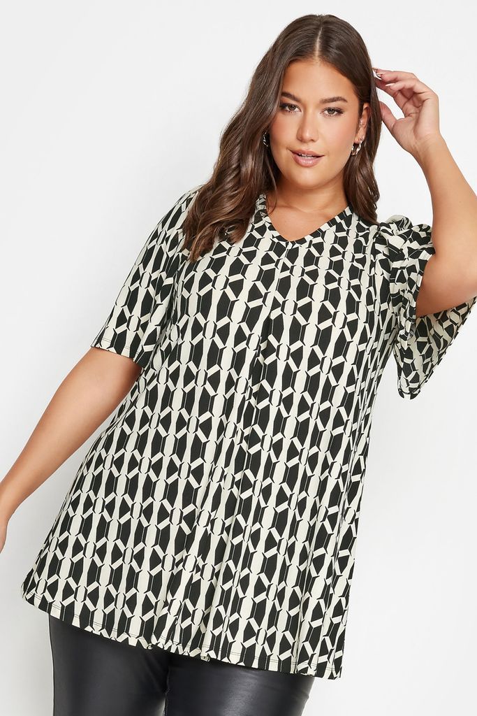 Curve White Geometric Print Pleated Top, Women's Curve & Plus Size, Yours