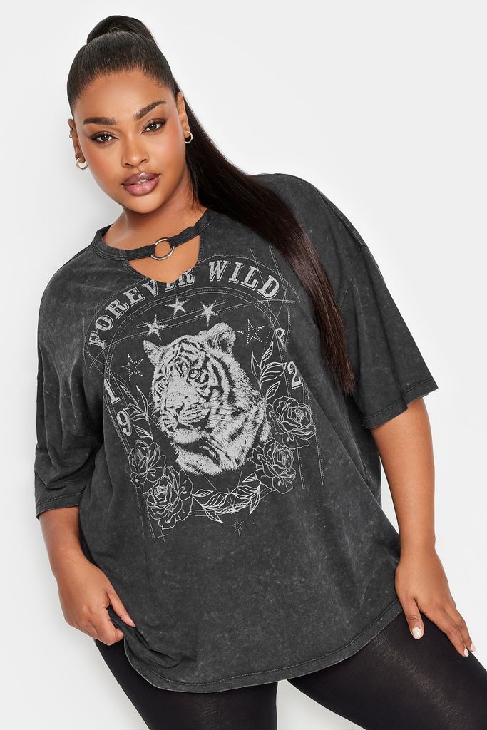 Curve Charcoal Grey 'Forever Wild' Print Ring Detail Tshirt, Women's Curve & Plus Size, Yours