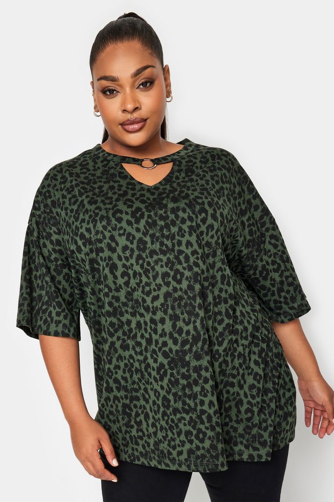 Curve Khaki Green Leopard Print Ring Detail Tshirt, Women's Curve & Plus Size, Yours