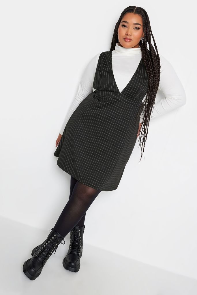Curve Black Pinstripe Pinafore Dress, Women's Curve & Plus Size, Limited Collection