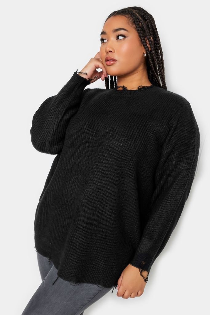 Curve Black Distressed Knitted Jumper, Women's Curve & Plus Size, Yours