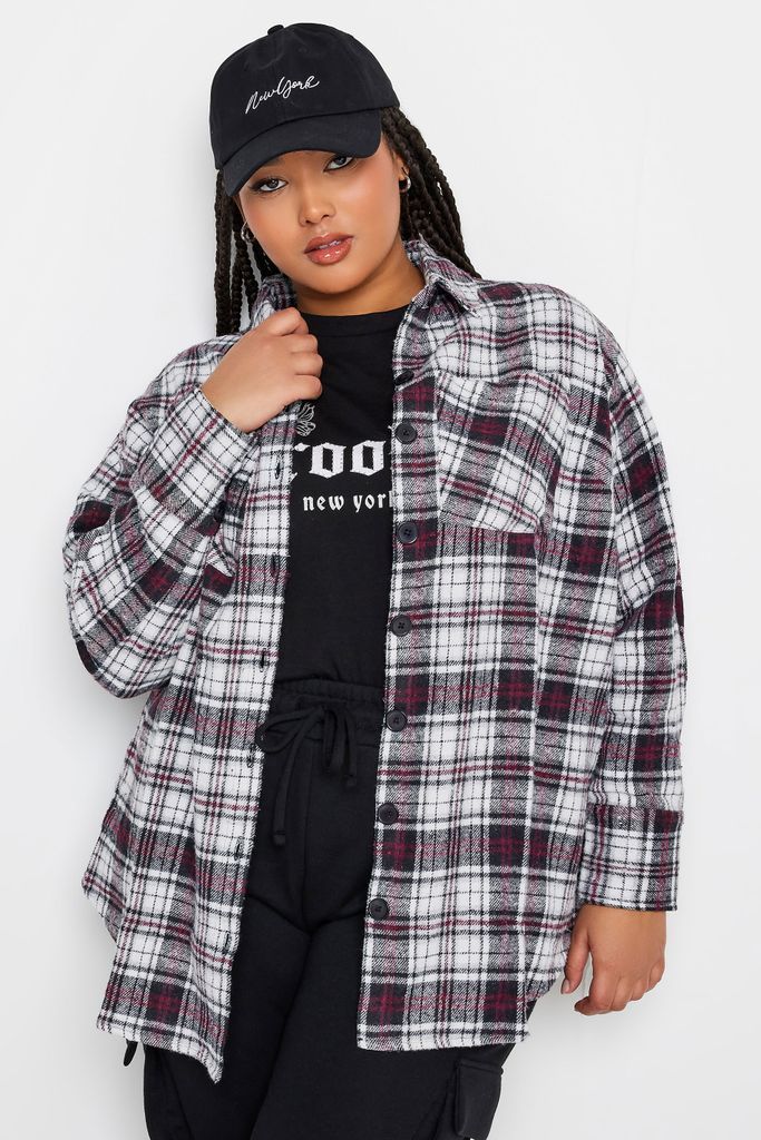 Curve White & Red Check Print Shacket, Women's Curve & Plus Size, Limited Collection